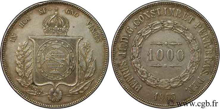 BRASILIEN 1000 Reis Empereur Pierre II 1863  VZ 