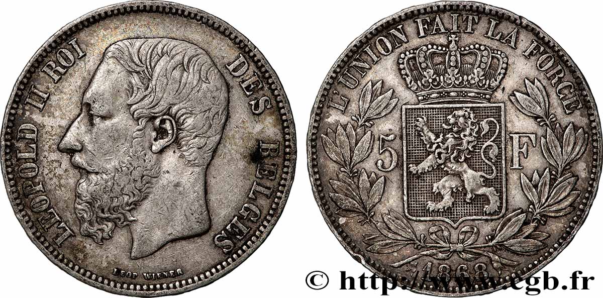 PLATA INVERSIÓN 5 Francs Léopold II 1868  MBC 