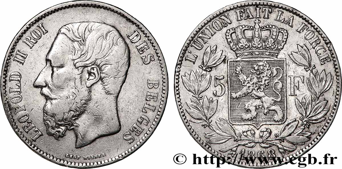 PLATA INVERSIÓN 5 Francs Léopold II 1868  MBC 