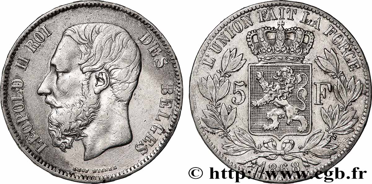 ARGENT D&nbsp;INVESTISSEMENT 5 Francs Léopold II 1868  TTB 