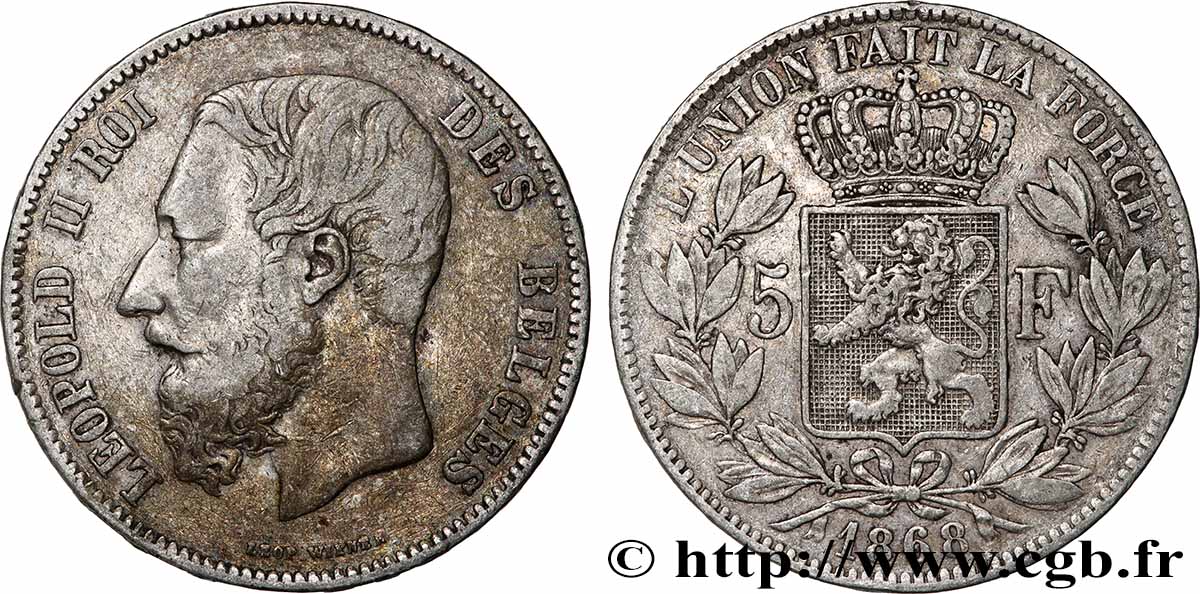 PLATA INVERSIÓN 5 Francs Léopold II 1868  MBC 