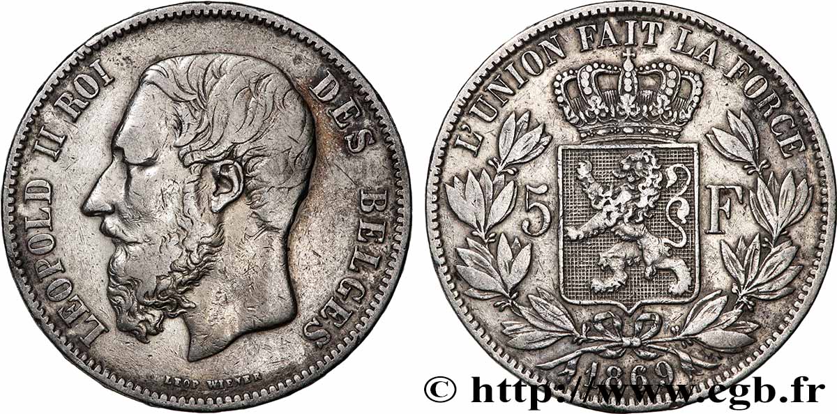 PLATA INVERSIÓN 5 Francs Léopold II 1869 Bruxelles MBC 