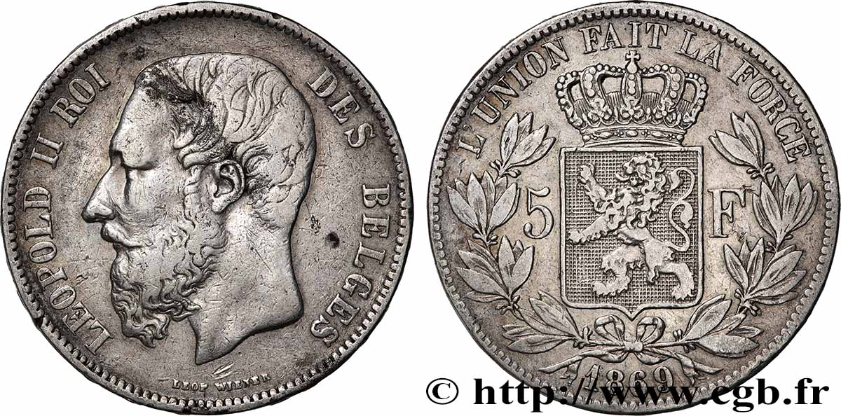 ARGENTO INVESTIMENTO 5 Francs Léopold II 1869 Bruxelles BB 