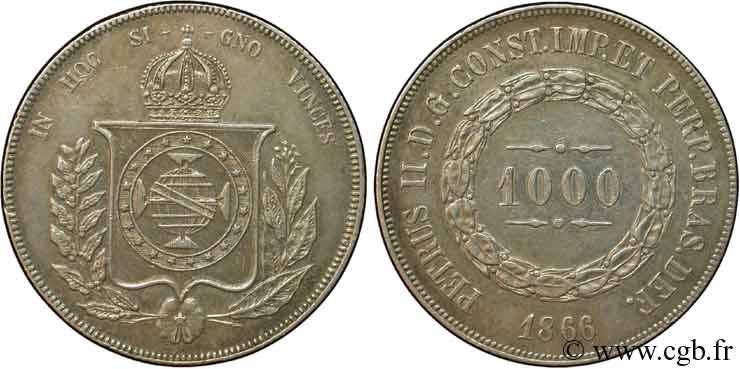 BRAZIL 1000 Reis Empereur Pierre II 1865  AU 