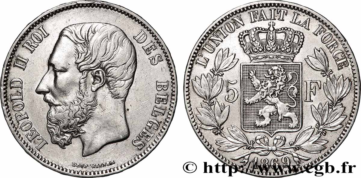 ARGENT D&nbsp;INVESTISSEMENT 5 Francs Léopold II 1869 Bruxelles TTB+ 