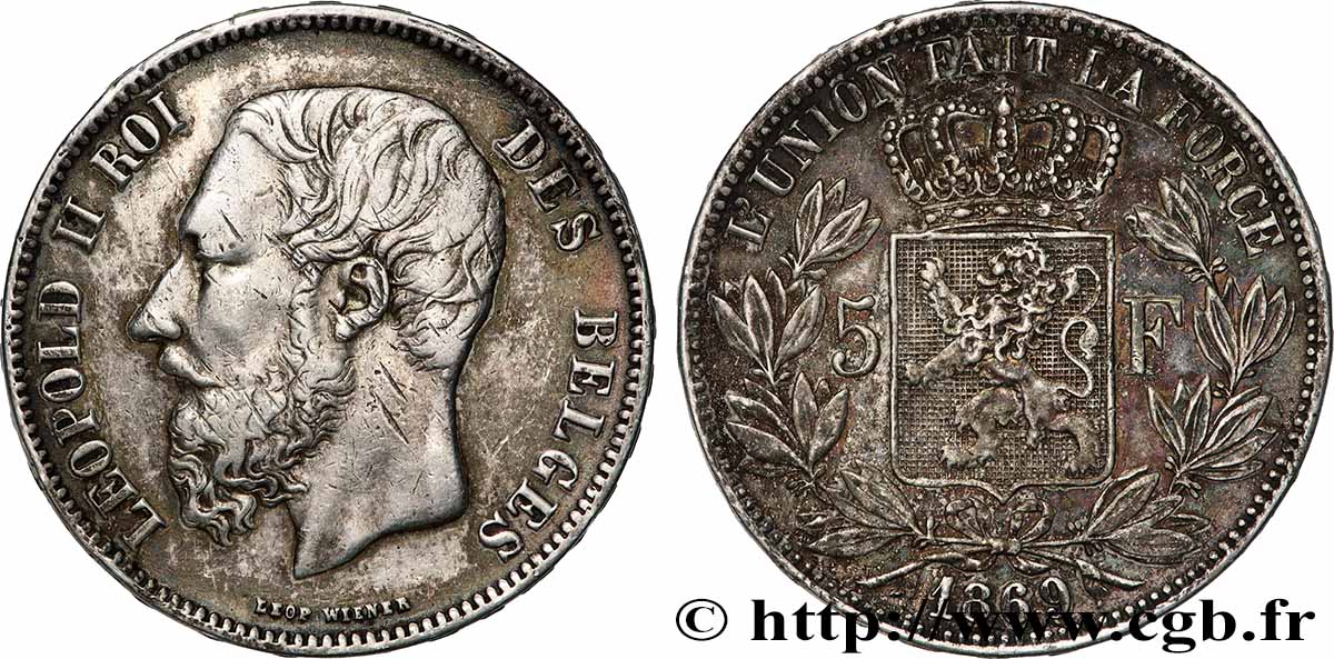 PLATA INVERSIÓN 5 Francs Léopold II 1869 Bruxelles MBC 