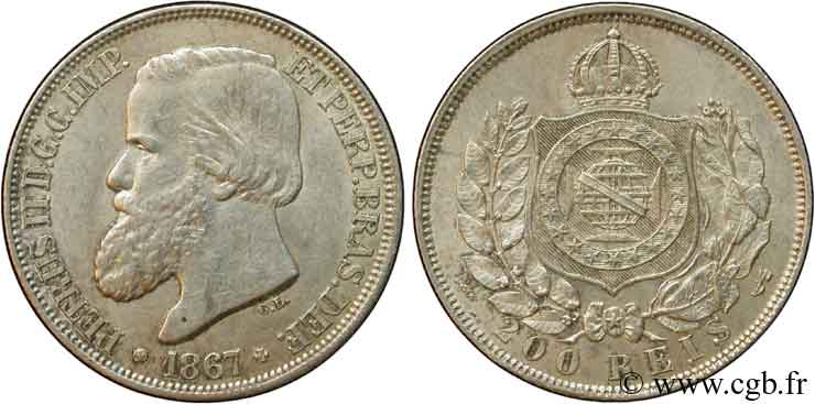 BRASILIEN 200 Reis Empereur Pierre II 1867  fST 