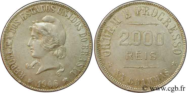 BRAZIL 2000 Reis 1906  AU 