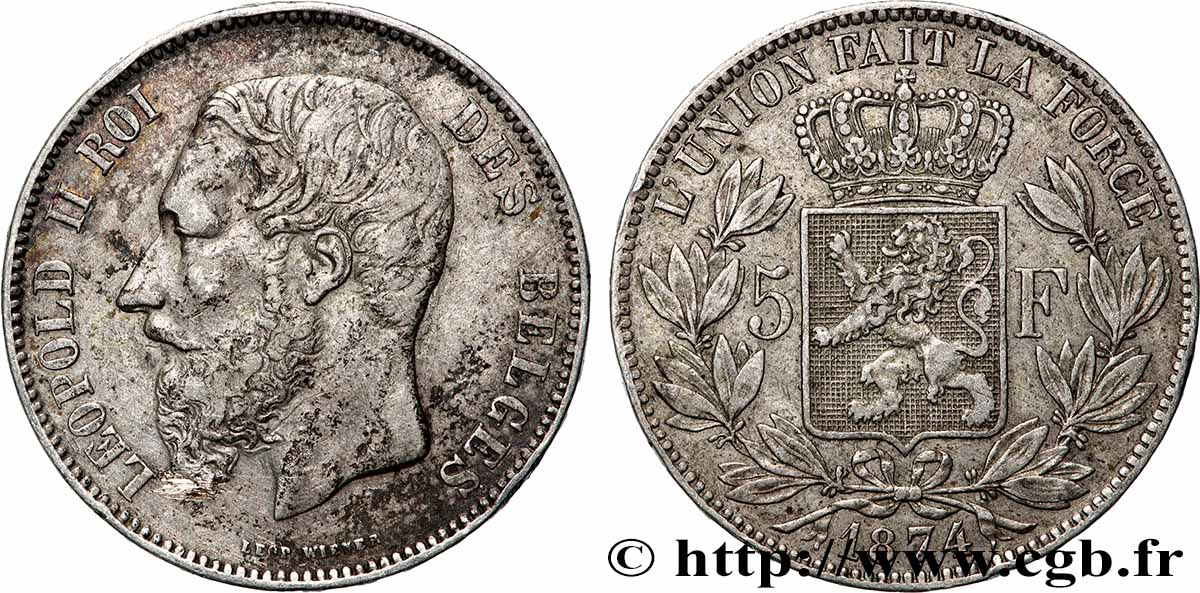 ARGENT D&nbsp;INVESTISSEMENT 5 Francs Léopold II  1874 Bruxelles TTB 