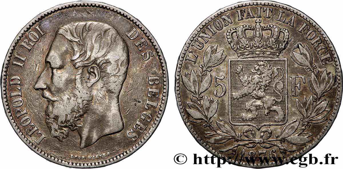 ARGENT D&nbsp;INVESTISSEMENT 5 Francs Léopold II 1876 Bruxelles TTB 