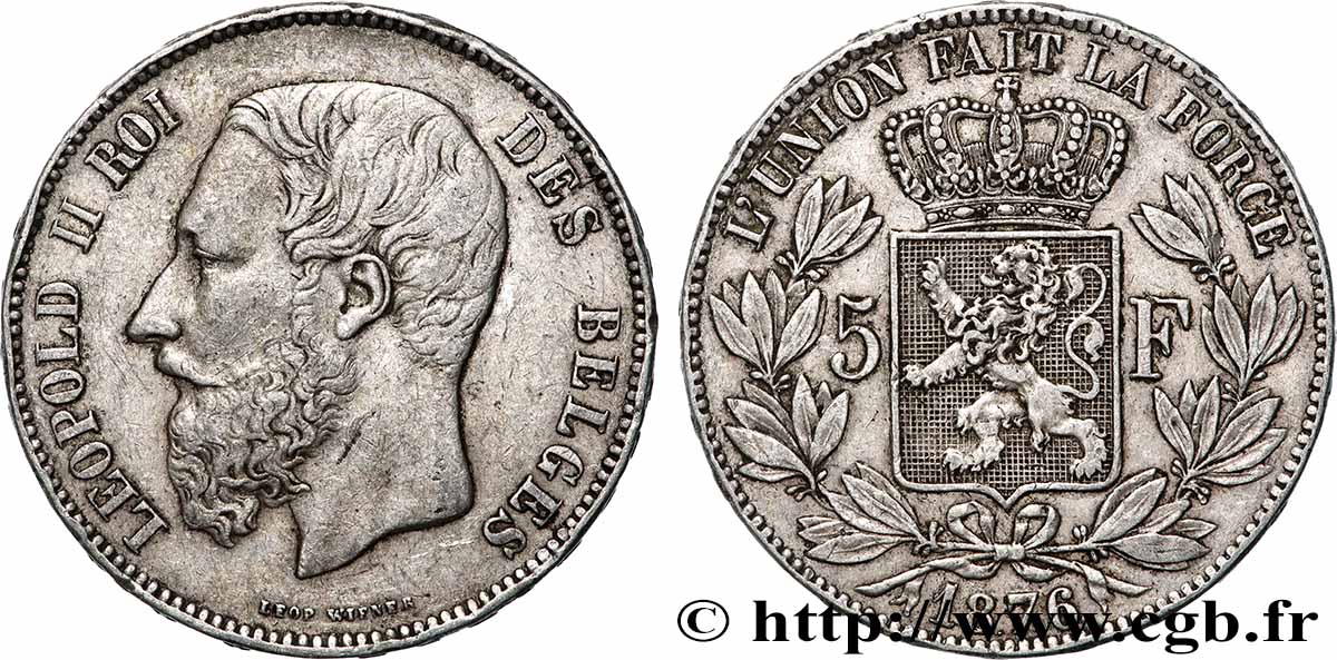 ARGENT D&nbsp;INVESTISSEMENT 5 Francs Léopold II 1876 Bruxelles TTB 