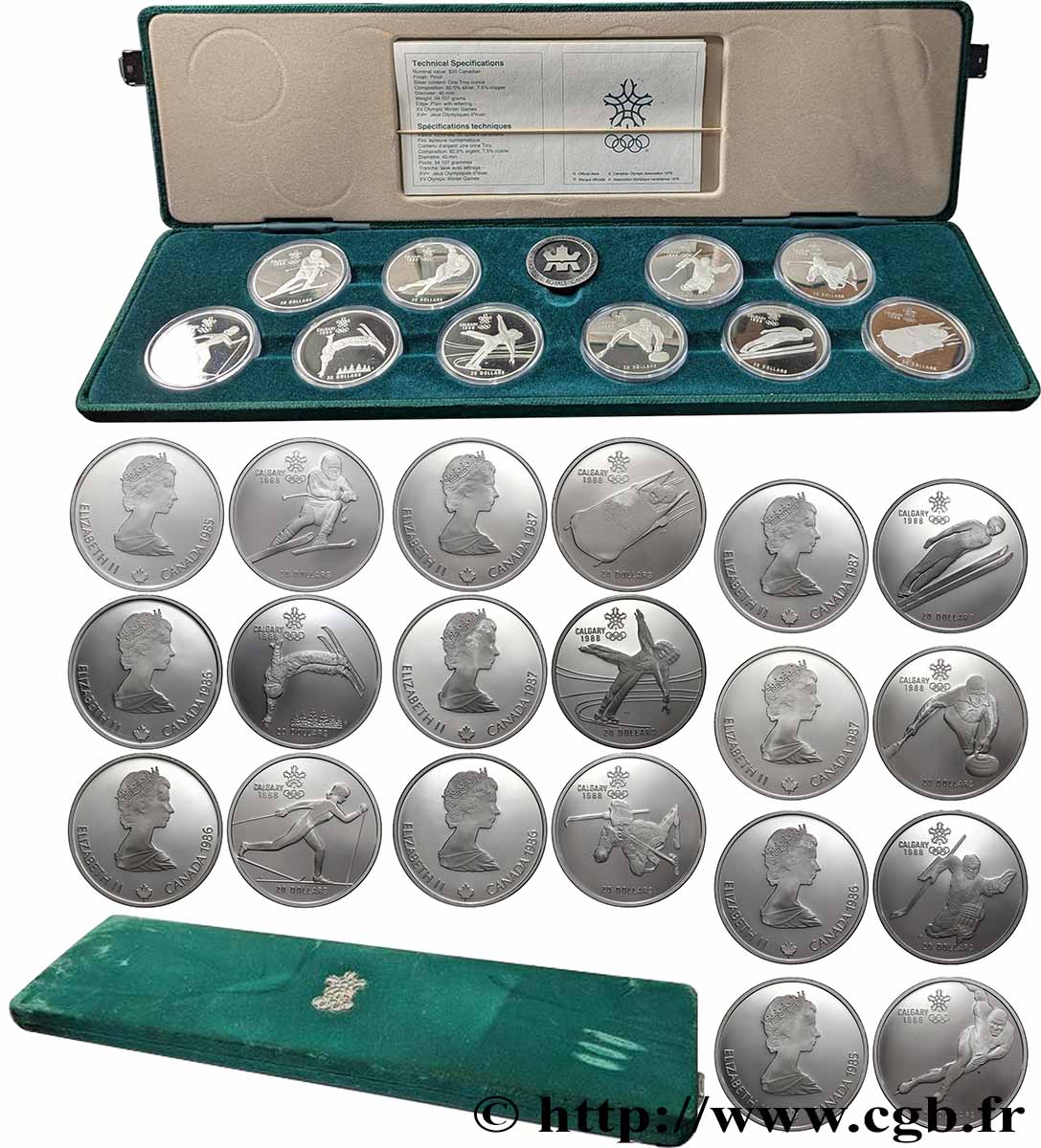 CANADá Boîte contenant 10 monnaies de 20 dollars BE (proof)  J.O. de Calgary : ski de descente, patinage de vitesse, biathlon, hockey, ski de fond, ski freestyle, patinage artistique, curling, saut à ski et bobsleigh 1985-1987  FDC 