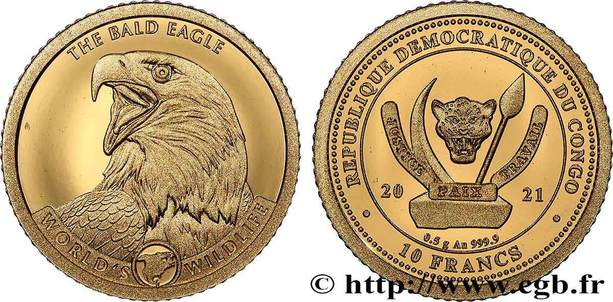 RÉPUBLIQUE DÉMOCRATIQUE DU CONGO 10 Francs Proof Pygargue à tête blanche 2021  FDC 