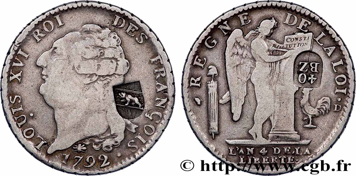 SUISSE 40 batzen contremarque sur un écu dit &nbsp;au génie&nbsp;, légende FRANÇOIS 1792 Lyon TTB 