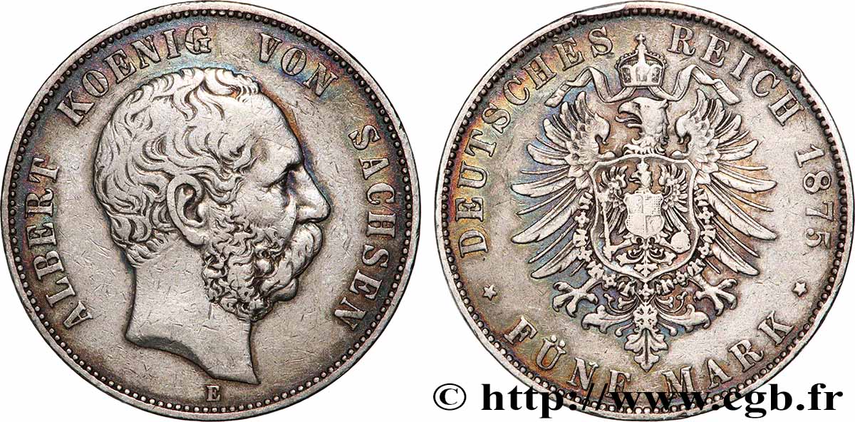 ALLEMAGNE - ROYAUME DE SAXE - ALBERT 5 Mark  1875 Muldenhütten TTB 