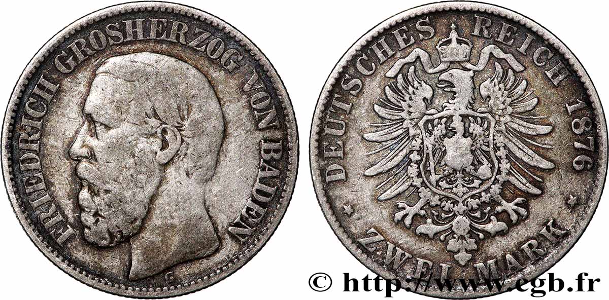 GERMANY - BADEN 2 Mark Frédéric 1876 Karlsruhe VF 