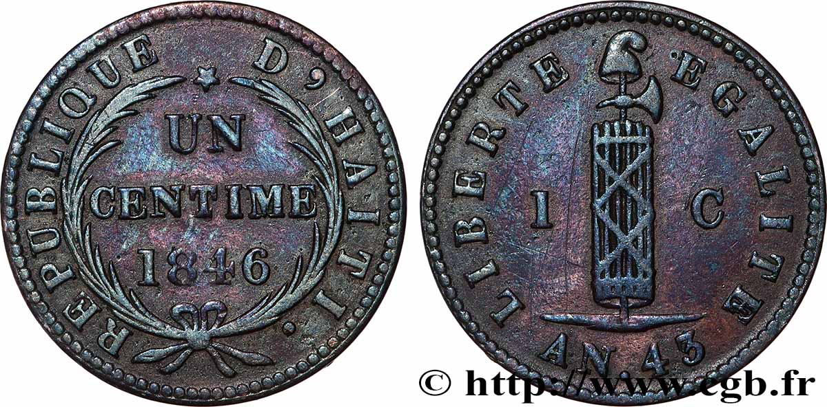 HAÏTI 1 Centime faisceau, an 43 1846  TB+ 