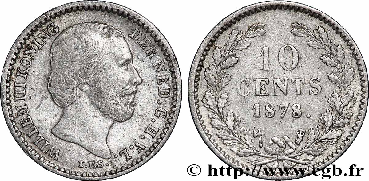 PAYS-BAS 10 Cents Guillaume III 1878 Utrecht TTB 