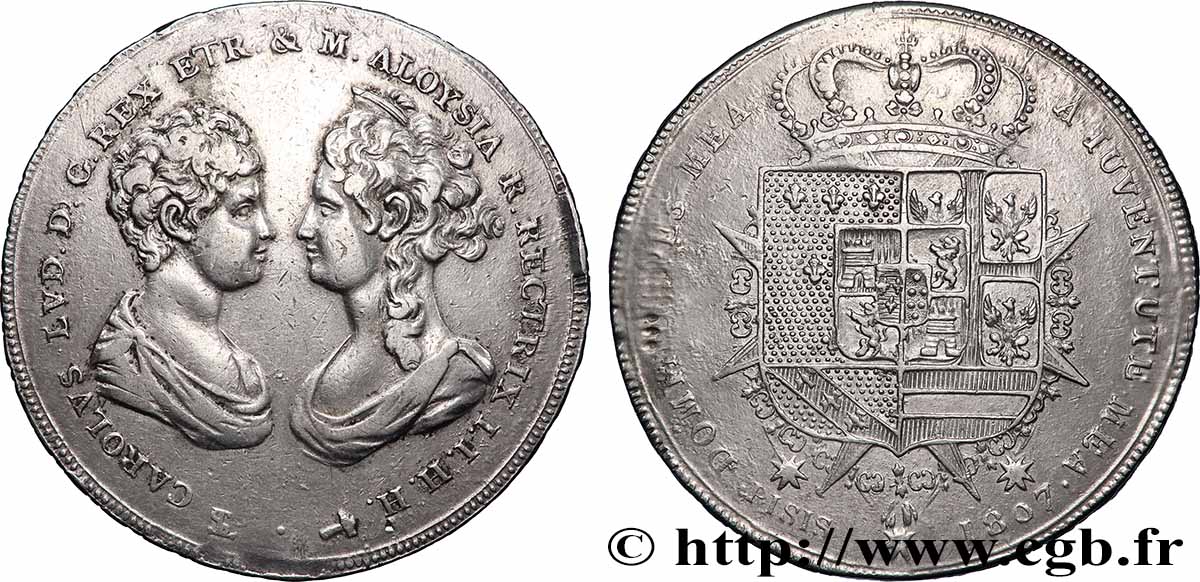 ITALIE - ROYAUME D&nbsp;ÉTRURIE - CHARLES-LOUIS et MARIE-LOUISE 10 Paoli ou Francescone  1807 Florence XF 