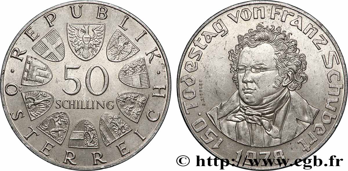 AUSTRIA 50 Schilling 150e anniversaire de la mort du compositeur Franz Schubert 1978 Vienne AU 