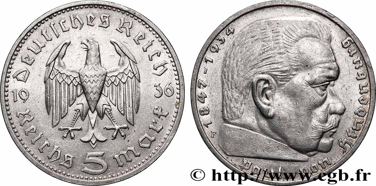 GERMANY 5 Reichsmark Maréchal Paul von Hindenburg 1936 Stuttgart XF 