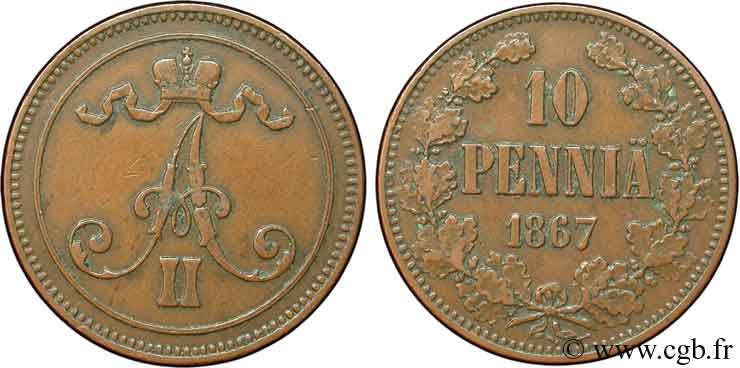 FINLAND 10 Pennia monogramme Tsar Alexandre II 1867  XF 