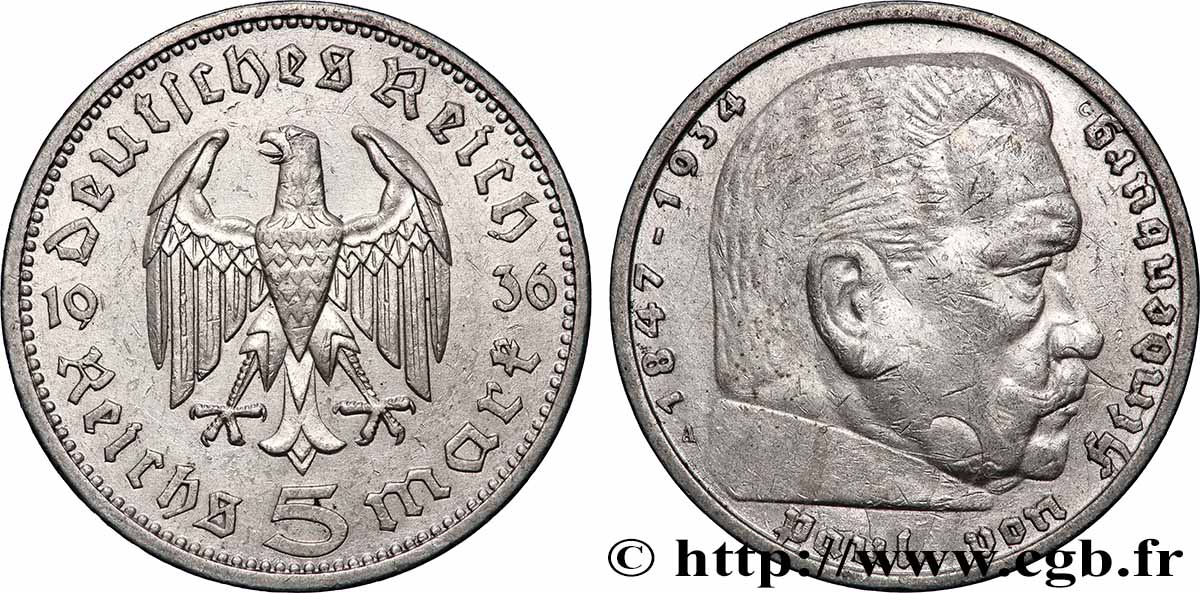 GERMANY 5 Reichsmark Maréchal Paul von Hindenburg 1936 Berlin XF 