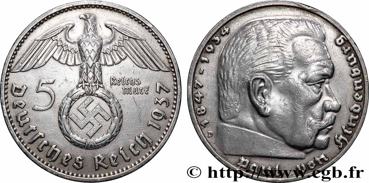 GERMANY 5 Reichsmark Maréchal Paul von Hindenburg 1937 Munich - D XF 