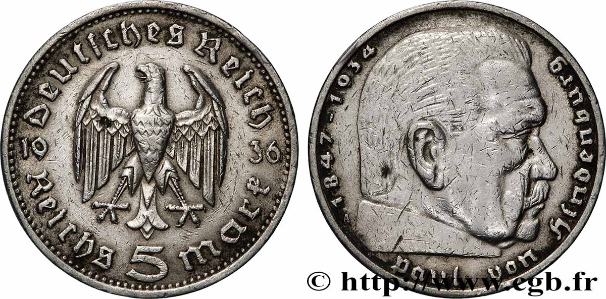 GERMANY 5 Reichsmark Maréchal Paul von Hindenburg 1936 Berlin XF 