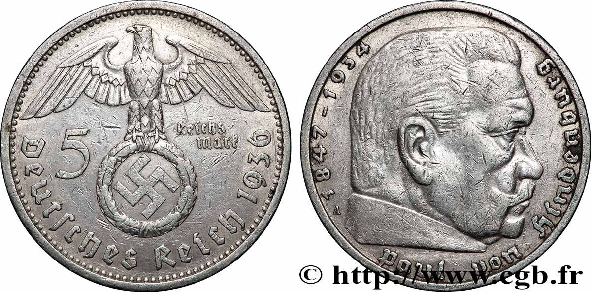 GERMANY 5 Reichsmark Maréchal Paul von Hindenburg 1936 Berlin XF 