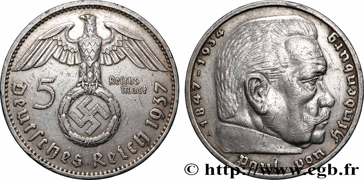 GERMANY 5 Reichsmark Maréchal Paul von Hindenburg 1937 Berlin XF 