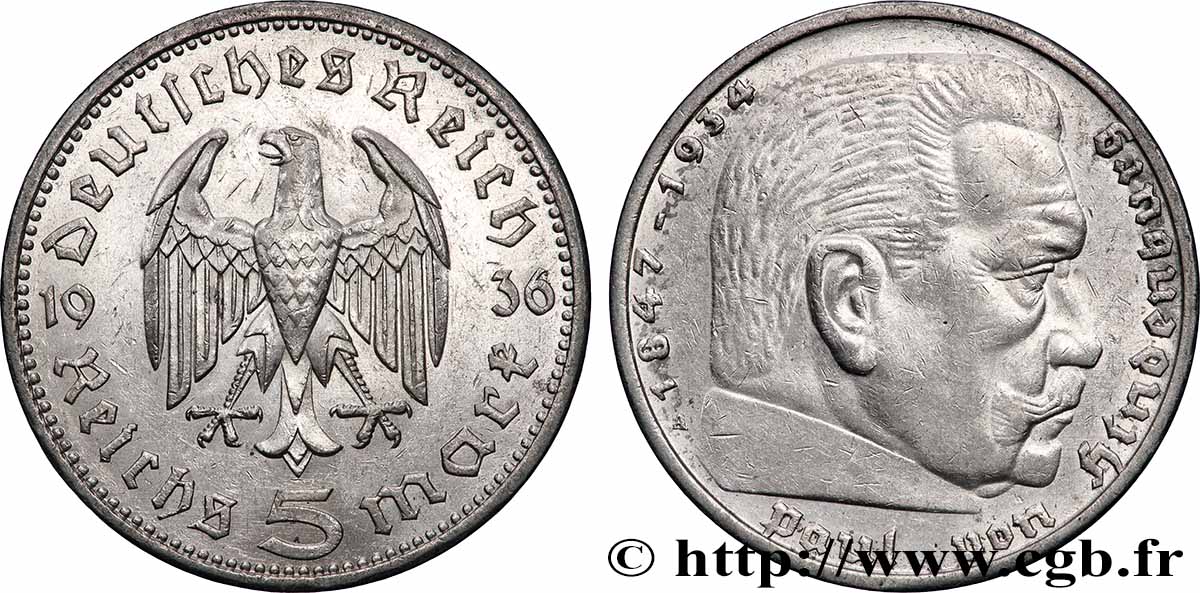 GERMANY 5 Reichsmark Maréchal Paul von Hindenburg 1936 Berlin XF 