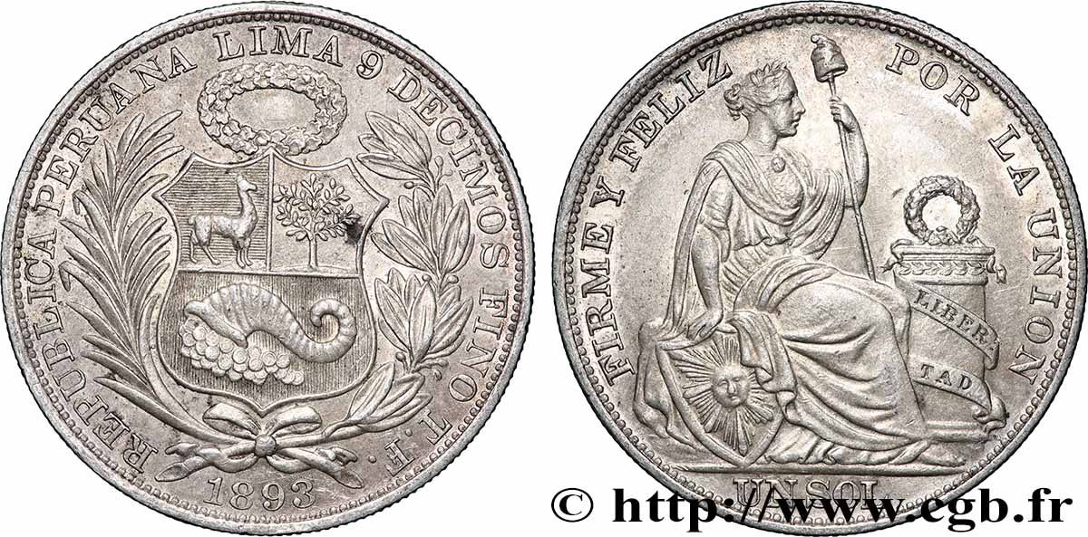 PERU 1 Sol “Liberté” assise 1893 Lima AU 