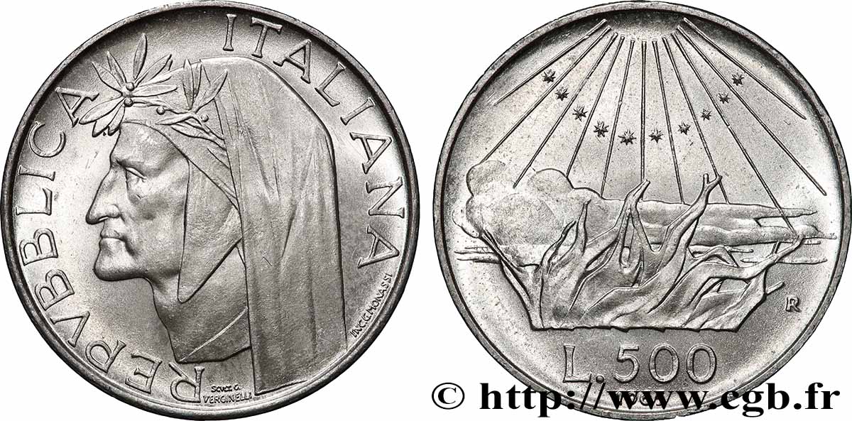 ITALIE 500 Lire 700e anniversaire de la naissance de Dante Alighieri / l’Enfer 1965 Rome SPL 
