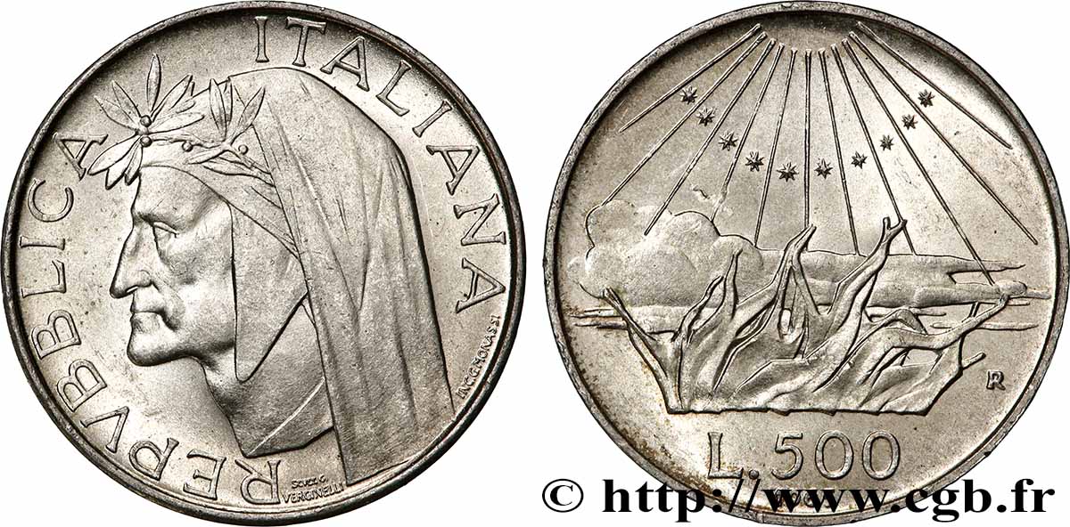 ITALIE 500 Lire 700e anniversaire de la naissance de Dante Alighieri / l’Enfer 1965 Rome SUP 