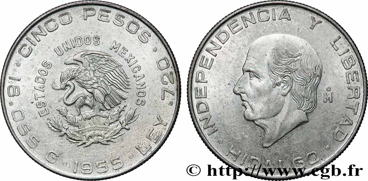 MEXIQUE 5 Pesos Miguel Hidalgo y Costilla 1955 Mexico SUP 