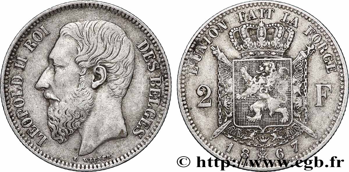 BELGIQUE 2 Francs Léopold II légende française 1867 Bruxelles TTB 