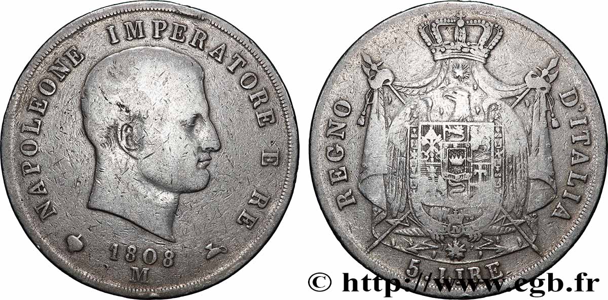 ITALY - KINGDOM OF ITALY - NAPOLEON I 5 Lire 1808 Milan VF 