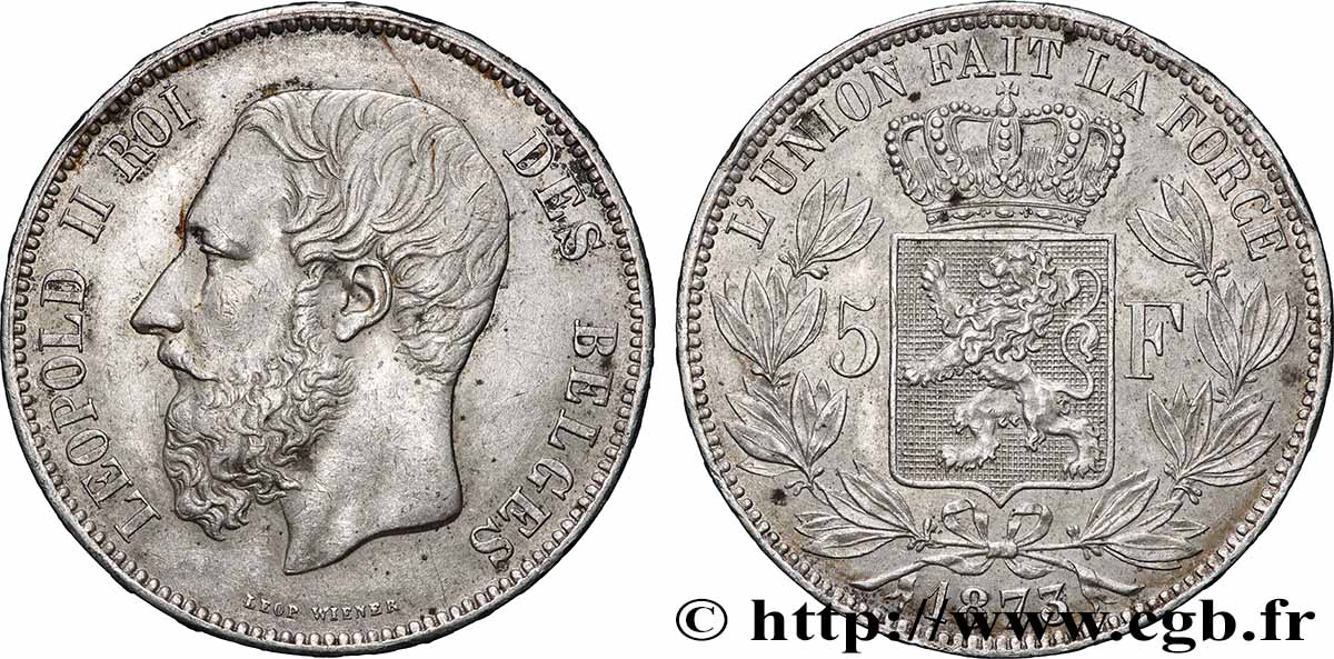 BELGIQUE - ROYAUME DE BELGIQUE - LÉOPOLD II 5 Francs  1873  TTB+ 