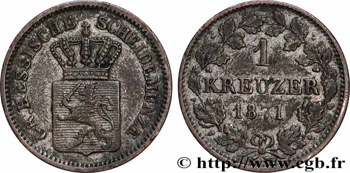 ALLEMAGNE - HESSE 1 Kreuzer Hesse-Darmstadt Louis III 1871  TTB 