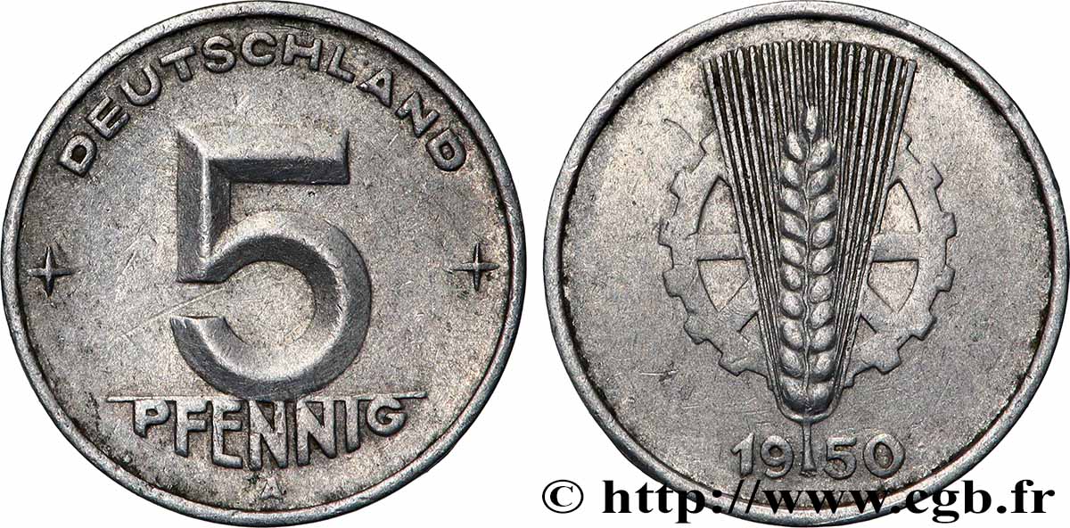 REPúBLICA DEMOCRáTICA ALEMANA 5 Pfennig épis et engrenage type Deutschland 1950 Berlin MBC 