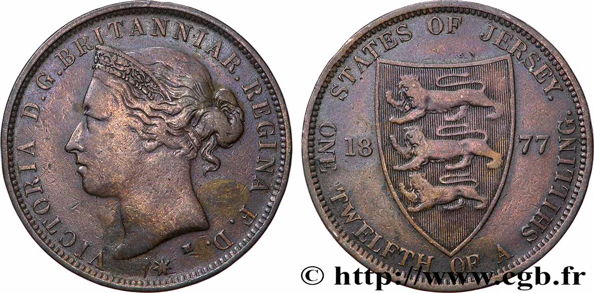 JERSEY 1/12 Shilling Victoria 1877 Heaton TB+ 