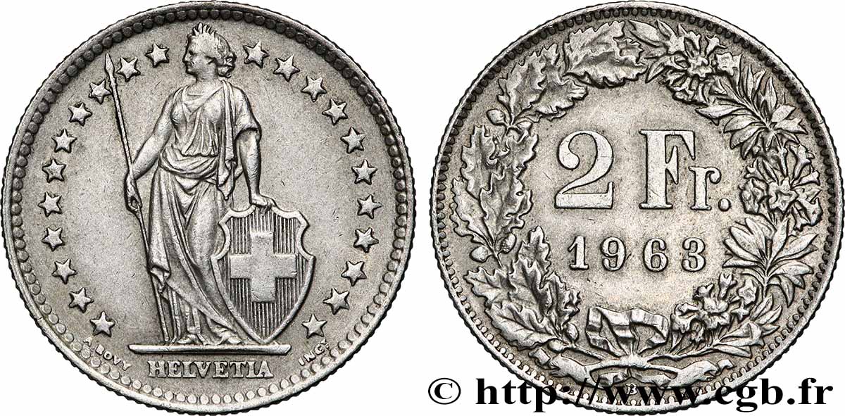 SWITZERLAND 2 Francs Helvetia 1963 Berne AU 