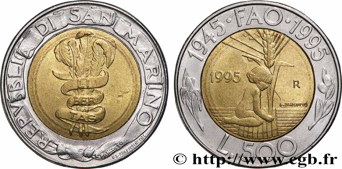 SAINT-MARIN 500 Lire FAO : bannière Libertas / enfant au pied d’un épi de blé 1995 Rome - R SUP 
