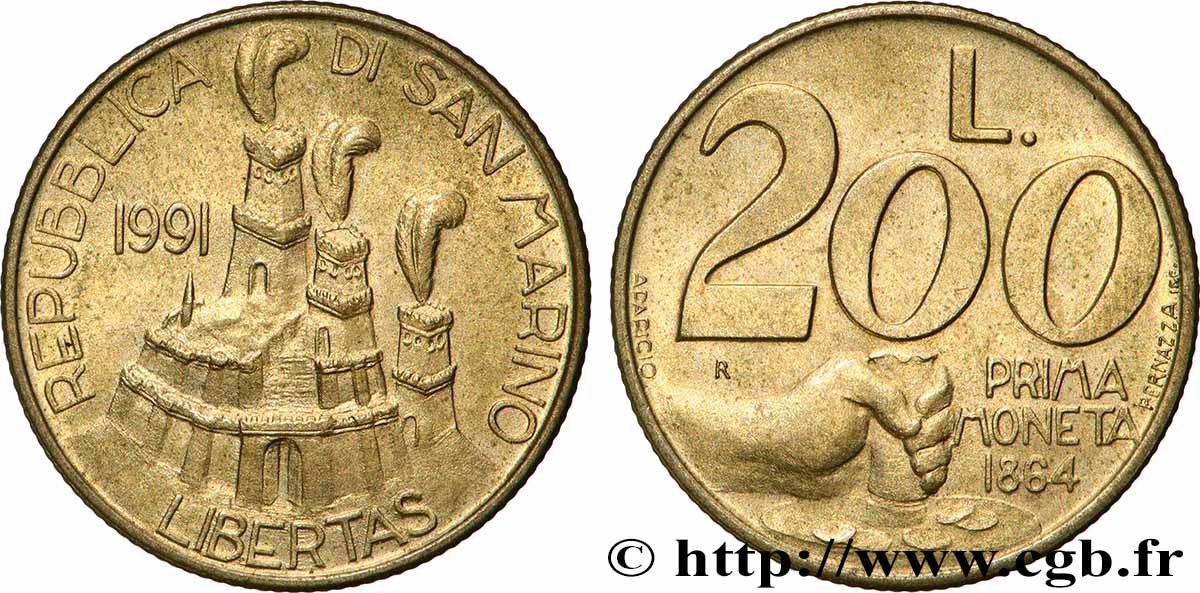SAINT-MARIN 200 Lire commémoration de la première frappe monétaire en 1864 : vue des 3 chateaux /  frappe d’un coin 1991 Rome - R SUP 