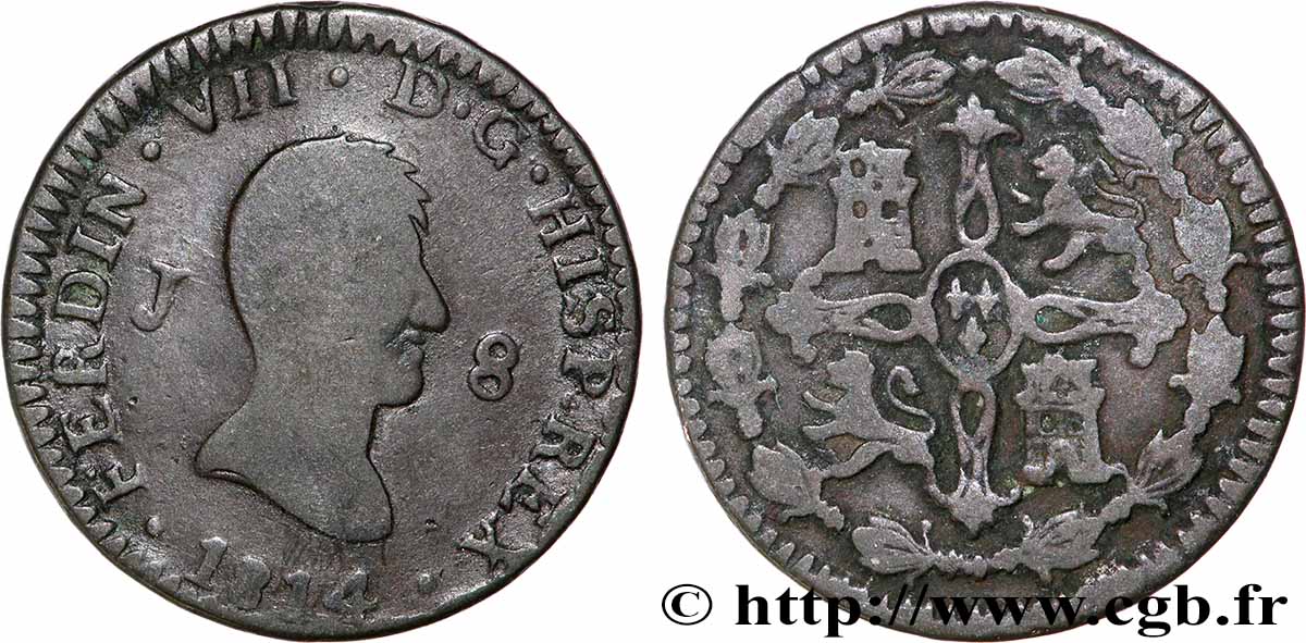 ESPAGNE 8 Maravedis Ferdinand VII 1814 Jubia TB 