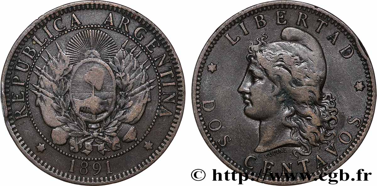 ARGENTINE 2 Centavos emblème / “Liberté” 1891  TB+ 