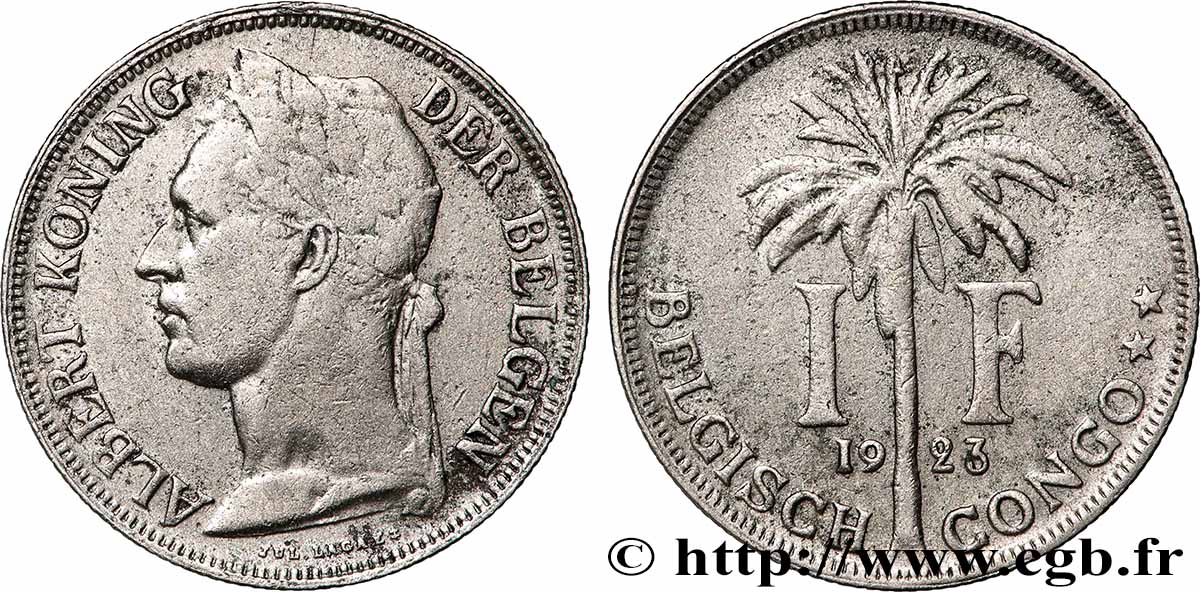 BELGIAN CONGO 1 Franc roi Albert légende flamande 1923 Bruxelles VF 