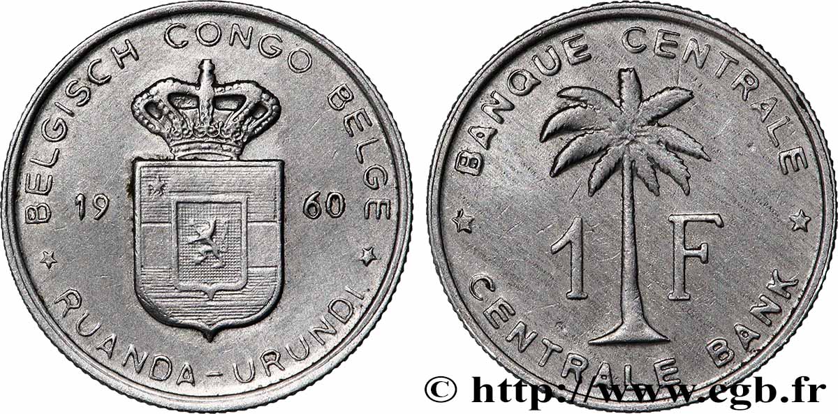 BELGIAN CONGO 1 Franc Banque Centrale Congo Belge-Ruanda-Urundi 1960 Bruxelles XF 