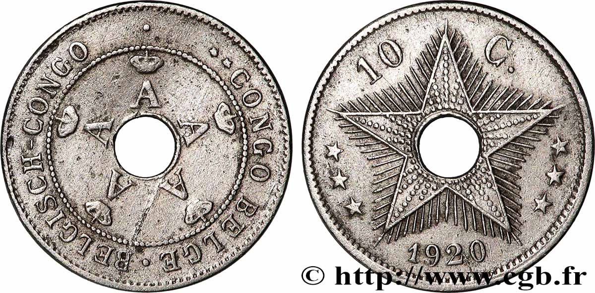 BELGA CONGO 10 Centimes Albert Ier 1920 Bruxelles BC+ 